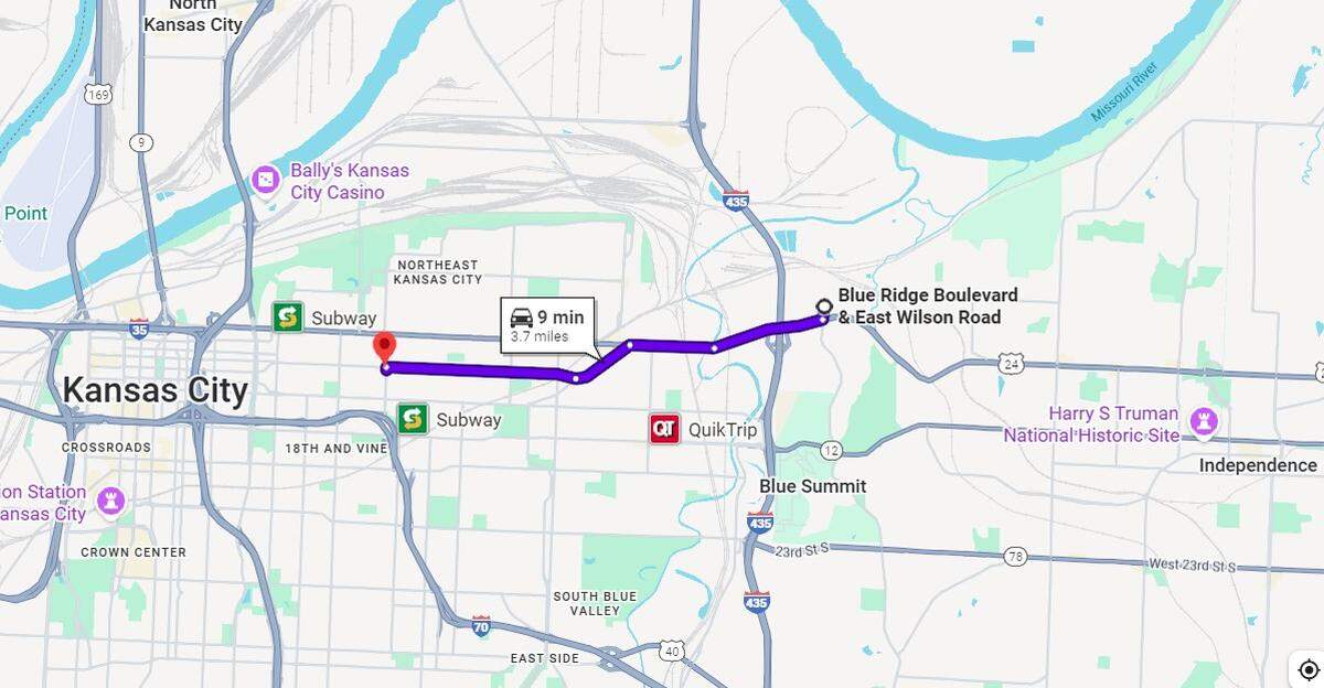 A Google Maps image shows the location where a police chase started in Independence on Wednesday and the location of a resulting crash that killed a bystander. The purple line does not necessarily represent the actual route of the chase.