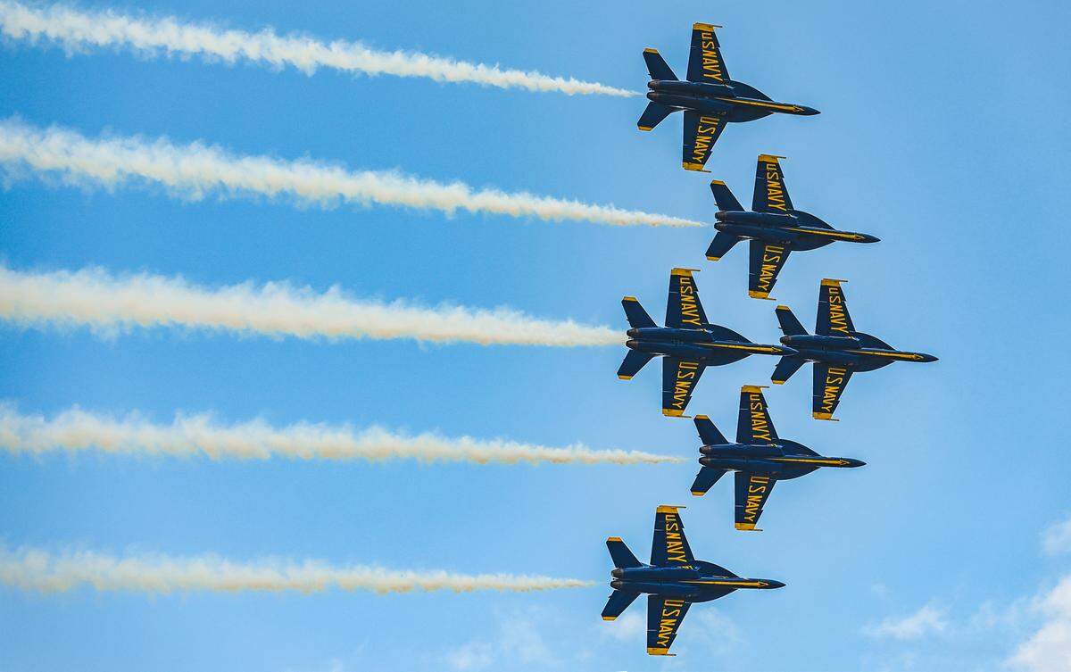 The U.S Navy Blue Angels flying in the F/A-18E/F Super Hornets performed aerial maneuvers at the KC Air Show Saturday, July 3, at the New Century AirCenter in Gardner, Kansas. 