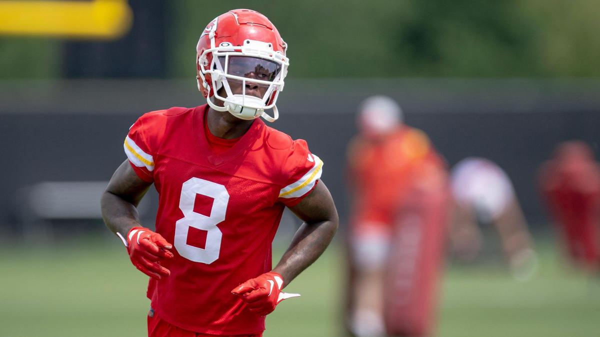 Kansas City Chiefs wide receiver Justyn Ross runs through a drill during a practice on Thursday, June 1, 2023, in Kansas City.