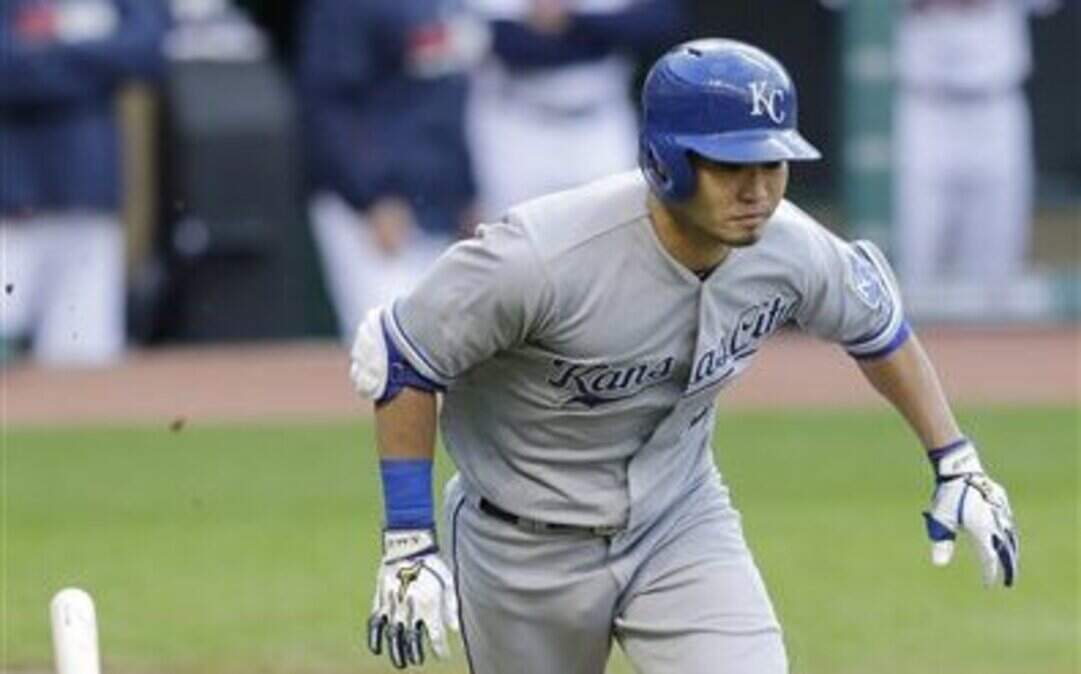The Royals' Norichika Aoki runs to first base after hitting an RBI-single off Indians relief pitcher Scott Atchison in the 10th inning of a suspended Aug. 3 game completed Monday in Cleveland. Terrance Gore scored on the play. The Indians defeated the Royals 4-3. 