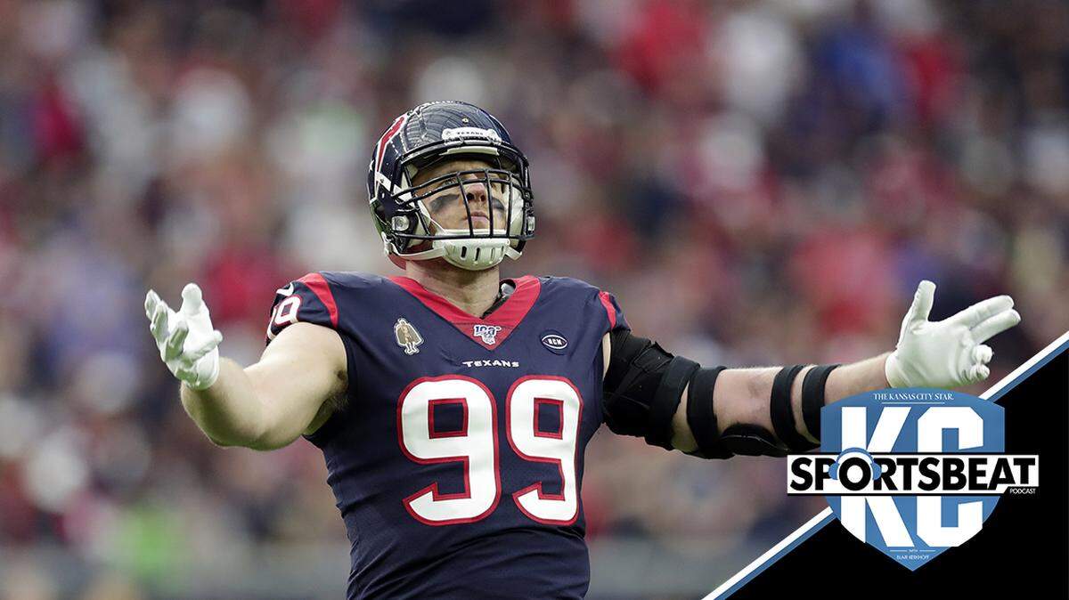 Houston Texans defensive end J.J. Watt (99) encourages the crowd during the first half of an NFL wild-card playoff football game against the Buffalo Bills Saturday, Jan. 4, 2020, in Houston. (AP Photo/Michael Wyke)