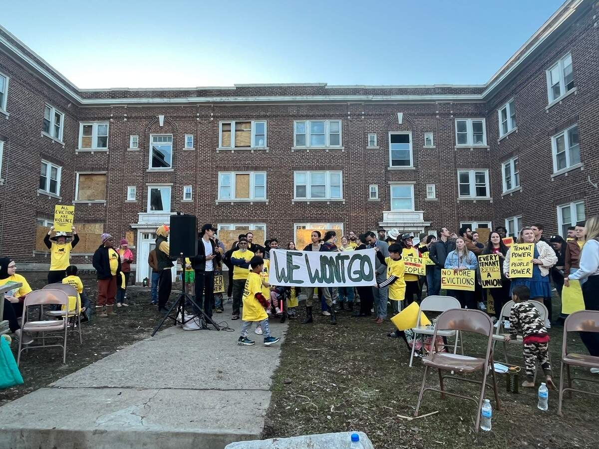 In 2023, KC Tenants organized a rally for tenants of apartment buildings in the 100 block of North Lawn Avenue who were facing displacement.
