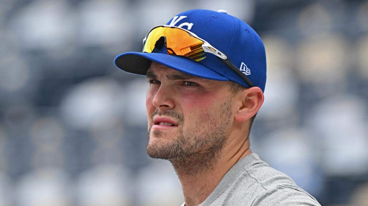 Kansas City Royals second baseman Michael Massey (19) looks on during batting practice before a game against the Houston Astros at Kauffman Stadium on April 26, 2025.