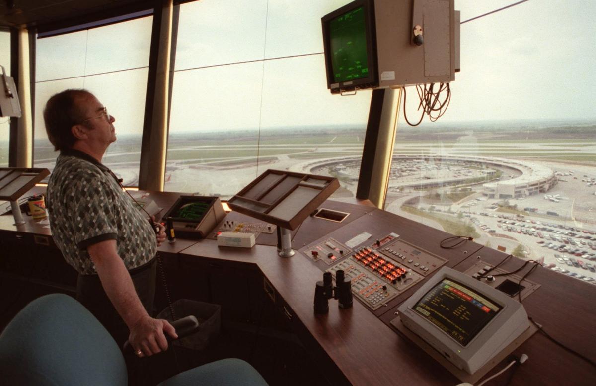 Air traffic is monitored from the tower at Kansas City International Airport.