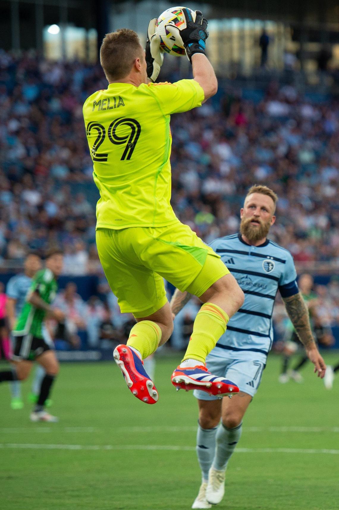 Sporting KC goalkeeper Tim Melia saves a goal during a match against Austin FC on Saturday, June 29, 2024, at Children’s Mercy Park in Kansas City, Kansas. Sporting KC defeated Austin FC 2-0.