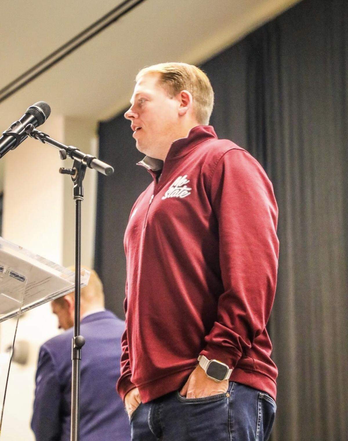 Missouri State interim head coach Nick Petrino speaks to the team at a dinner ahead of the 2025 Xbox Bowl in Frisco, Texas.
