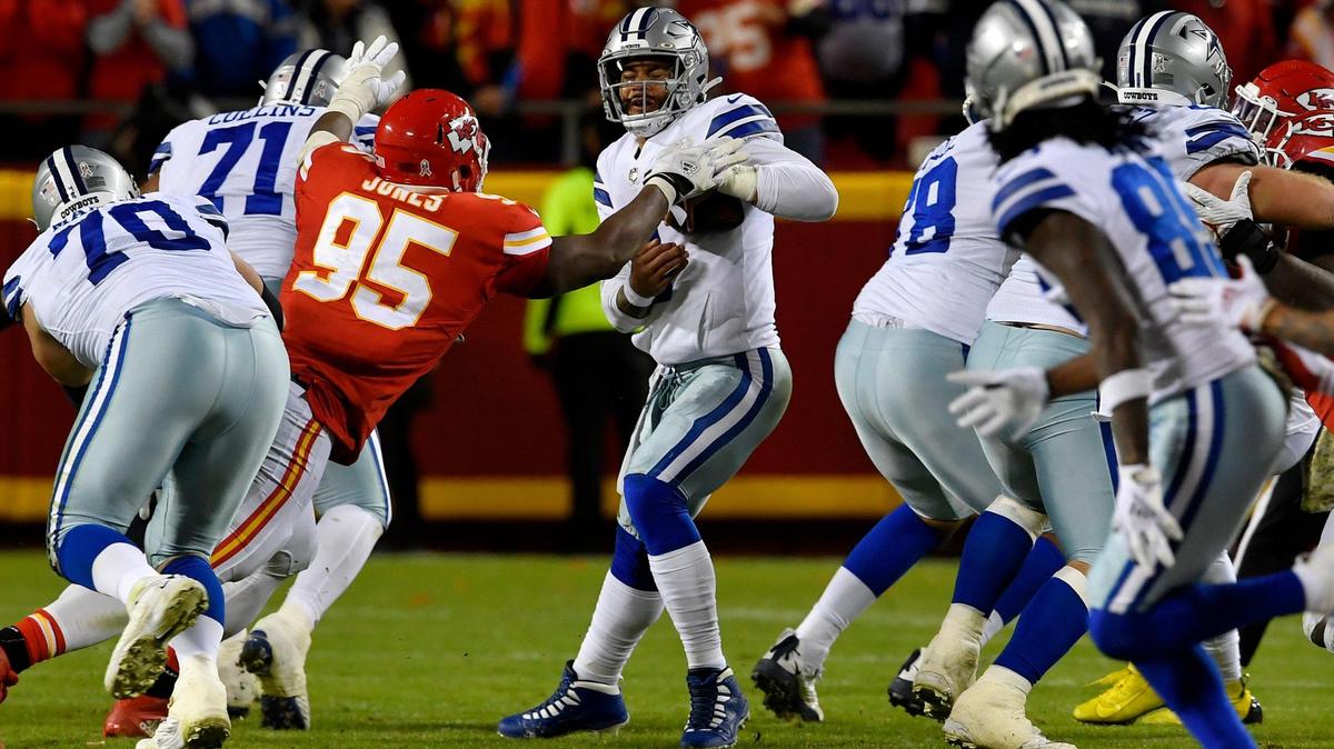 Kansas City Chiefs defensive tackle Chris Jones (95) was in Dak Prescott’s grill all day. He first pressured Prescott and eventually recorded another sack after the pocket collapsed around Prescott. Kansas City beat Dallas, 19-9 Sunday at Arrowhead Stadium.