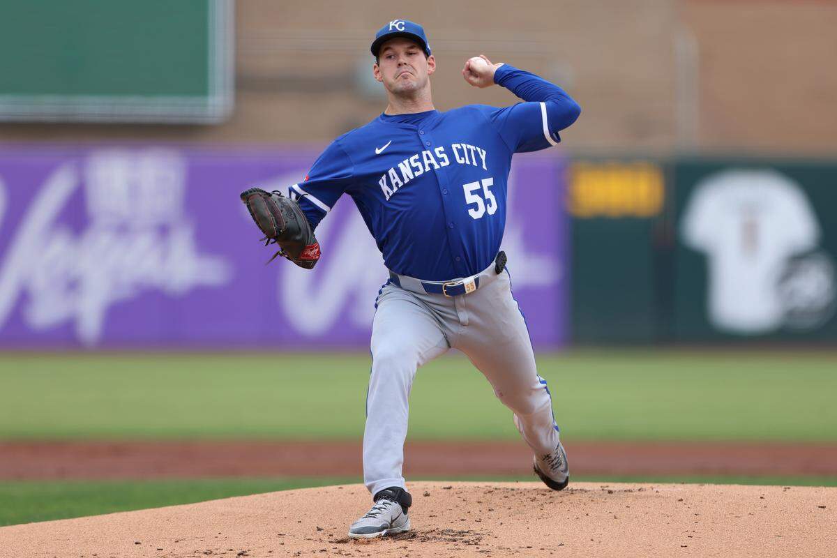 Cole Ragans #55 of the Kansas City Royals pitches during the bottom of the first inning at Sutter Health Park on September 28, 2025 in Sacramento, California.