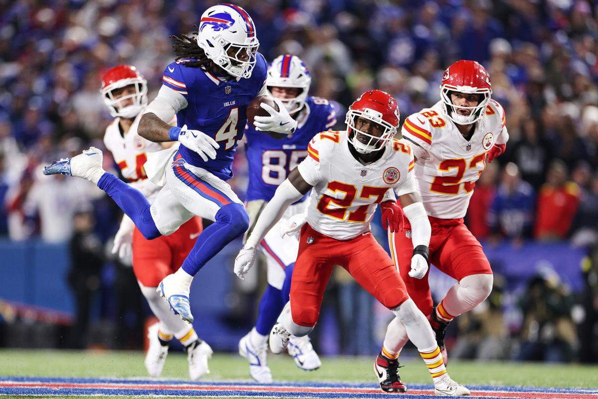 The Kansas City Chiefs had a hard time stopping Buffalo Bills running back James Cook (No. 4) during an NFL Week 9 game at Highmark Stadium in Orchard Park, New York, on Sunday, Nov. 2, 2025.