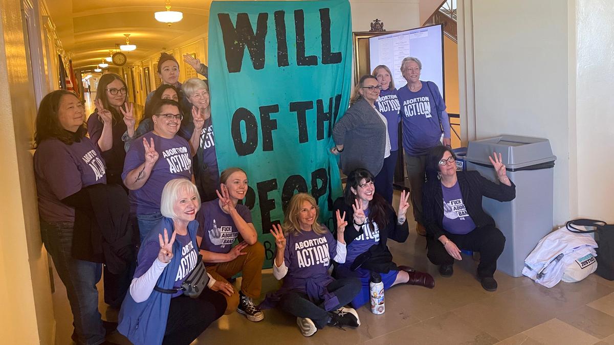 A group of protestors was kicked out of the Missouri Legislature in Jefferson City on Tuesday, April 15, after unfurling banners protesting efforts to put abortion on the ballot again in the state. 