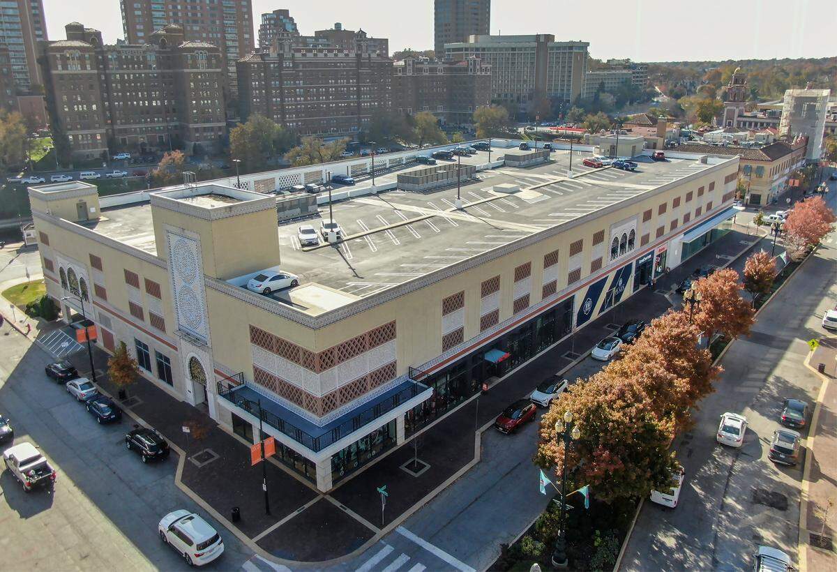 On the block that includes the Apple Store and Rally House (site of the former Halls Department Store), bounded by Nichols Road, Central Street and Wyandotte Street, a new structure could rise as much as 200 feet in a new Master Development Plan on the Country Club Plaza. The area was seen Wednesday, November 12, 2025, in Kansas City.