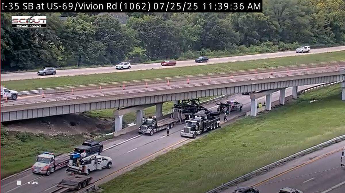 Cylinders on the back of the truck became dislodged under the bridge on I-35 NB at exit 11, Vivion Road. The road is closed for an undetermined amount of time.