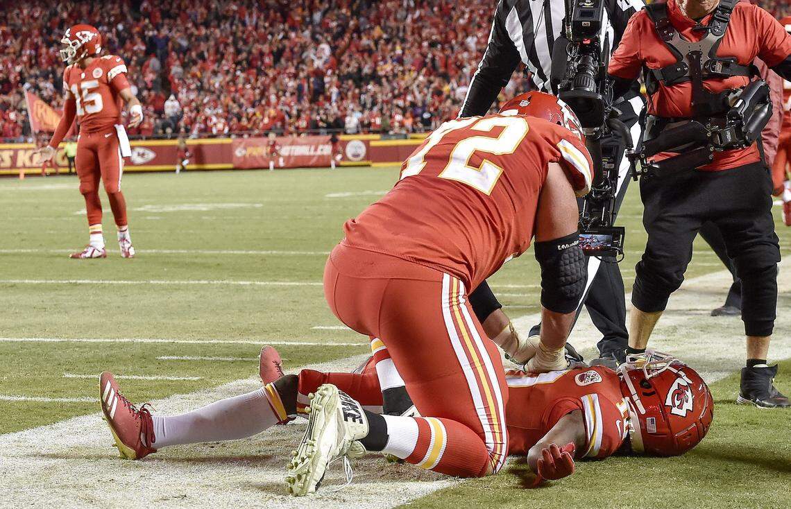 Kansas City Chiefs offensive tackle Eric Fisher performs mock CPR on wide receiver Tyreek Hill after his fourth-quarter touchdown reception against the Cincinnati Bengals in Kansas City. The reception was Chiefs quarterback Patrick Mahomes’ 22nd of the 2018 regular season.