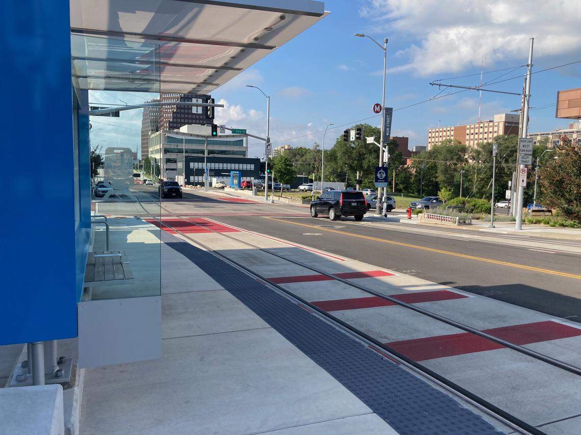New road marking for the Kansas City Main Street streetcar extension  along Main Street. The extension is set to open in October.