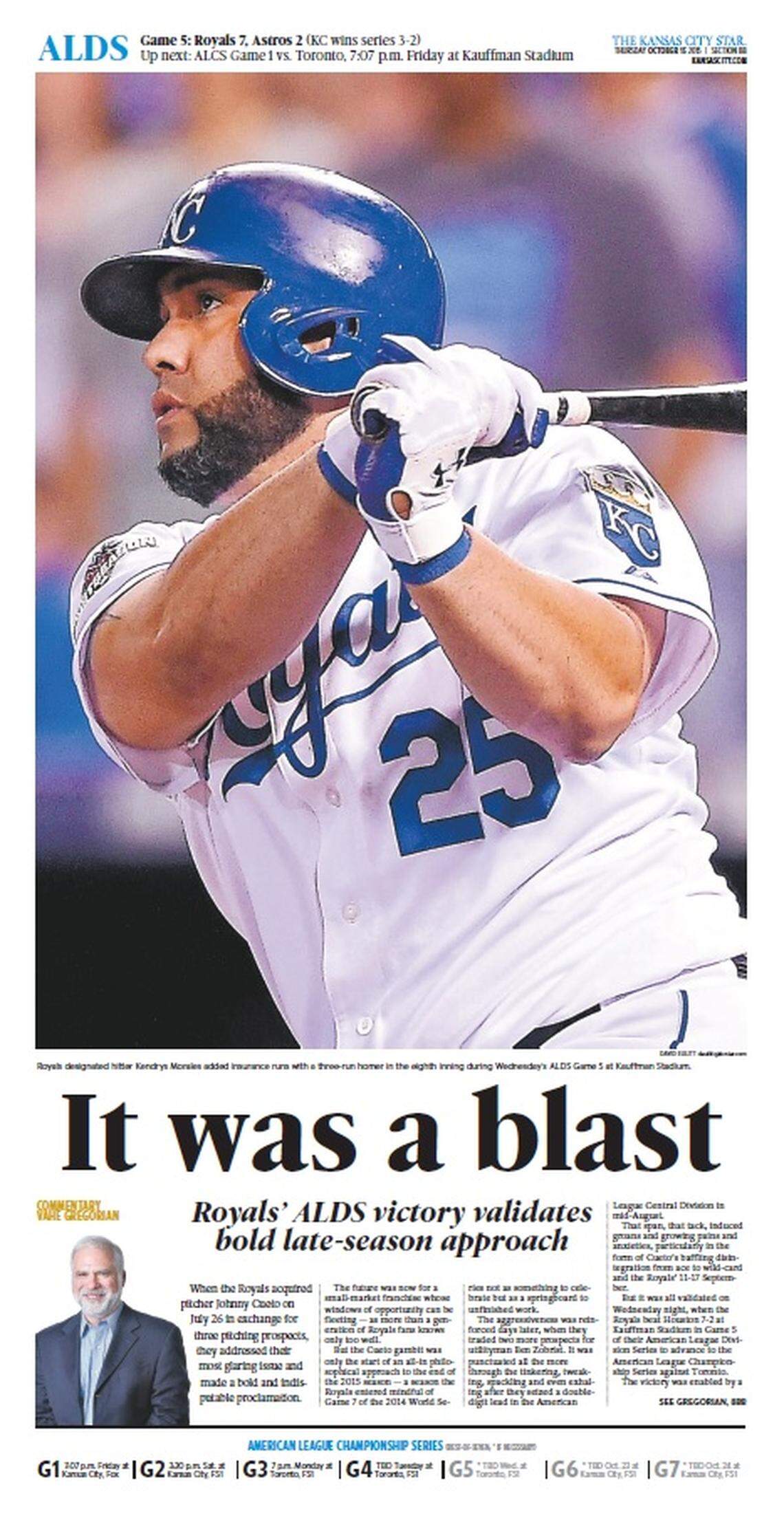 The front page of The Kansas City Star sports section the day after the Royals beat the Astros in Game 5 of the American League Division Series on Oct. 14, 2015.