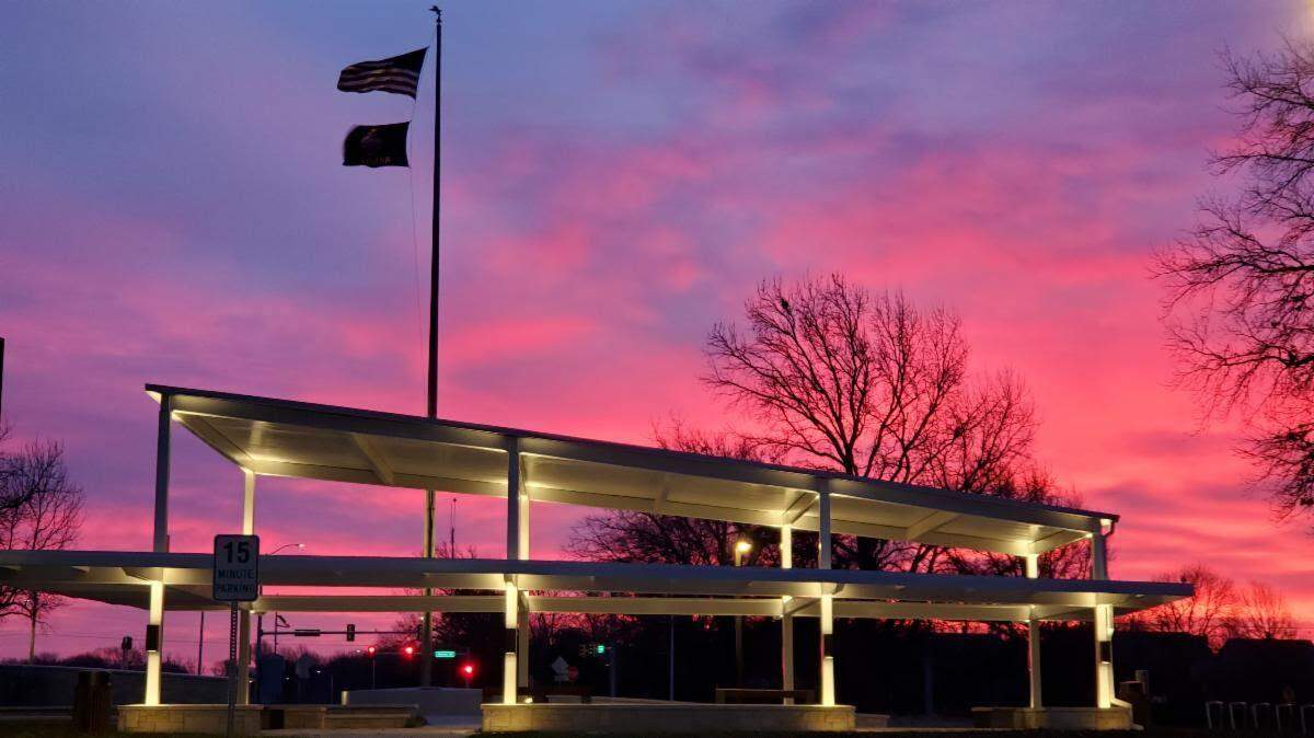 A shade pavilion is part of the new John Barkley Plaza at the east entrance of Shawnee Mission Park.