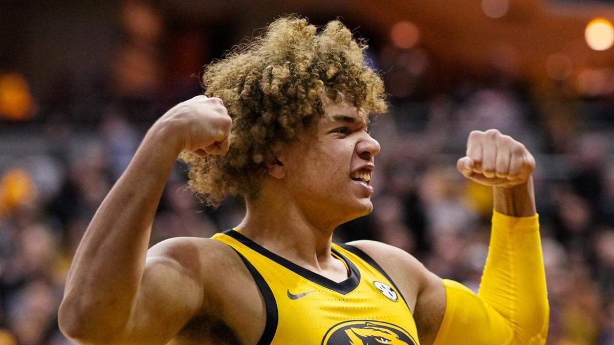 Missouri Tigers forward Noah Carter celebrates after scoring against the South Carolina Gamecocks at Mizzou Arena on Tuesday, Feb. 7, 2023.