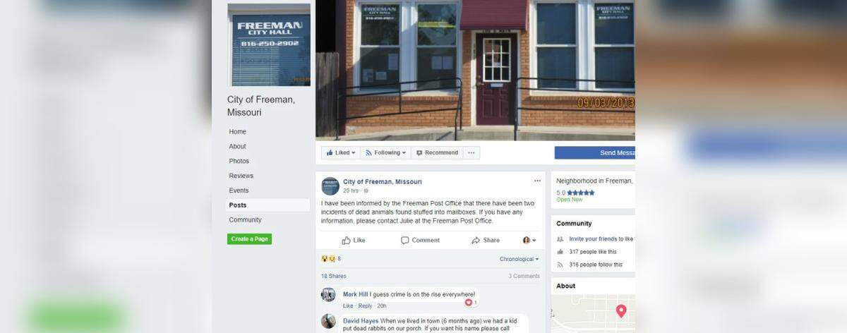 The city of Freeman, Mo., warned residents Monday, April 2, 2018 that dead animals were found inside two mailboxes recently.