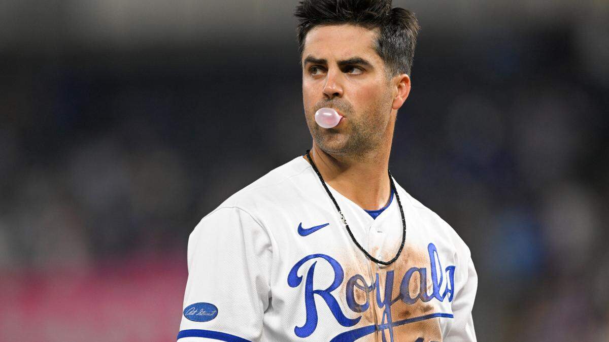 Kansas City Royals’ Whit Merrifield waits during a pitcher change in the seventh inning of a baseball game against the Los Angeles Angels, Monday, July 25, 2022, in Kansas City, Mo. (AP Photo/Reed Hoffmann)