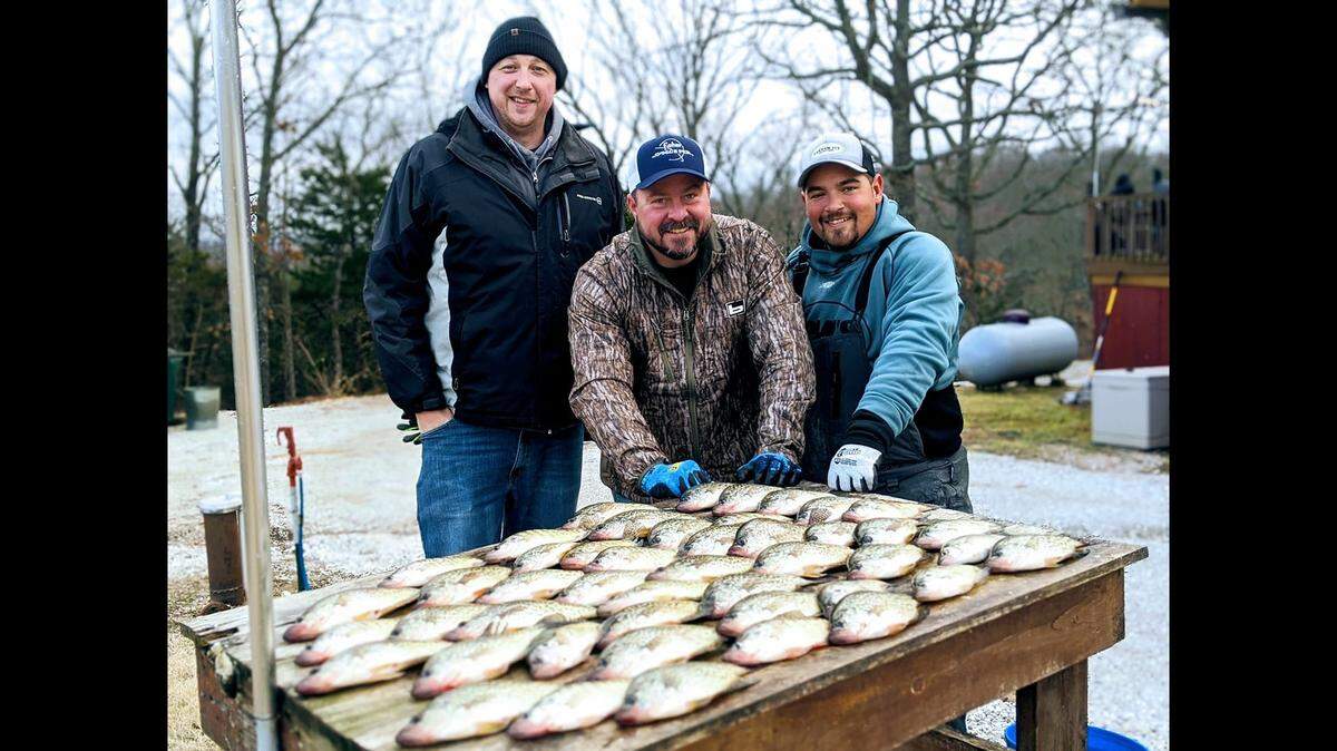 Brandon Butler (center), the former Executive Director of the Conservation Federation of Missouri, enjoyed a recent fishing excursion to Stockton Lake with Kris Nelson (right) of Tandem Fly Outfitters and Nathan “Shags McLeod recently. They caught their limits of crappie over the course of several days. If you plan to fish in the coming week, you may need to head south to avoid the ice.