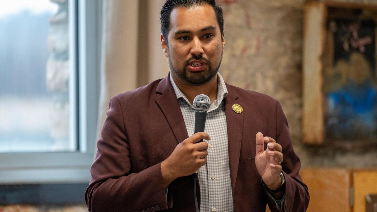Manuel Abarca IV, 1st District Legislator, speaks at a community event on Tuesday, March 26, 2024, discussing the sales tax for a new downtown ballpark for the Kansas City Royals and renovations for Arrowhead Stadium in Kansas City.
