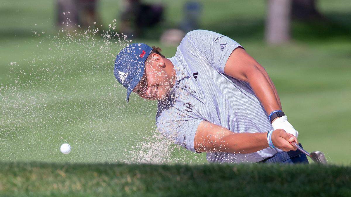 Patrick Mahomes II hits out of a sand trap during the final round of the American Century Celebrity Championship golf tournament at Edgewood Tahoe Golf Course in Stateline, Nevada on Sunday.