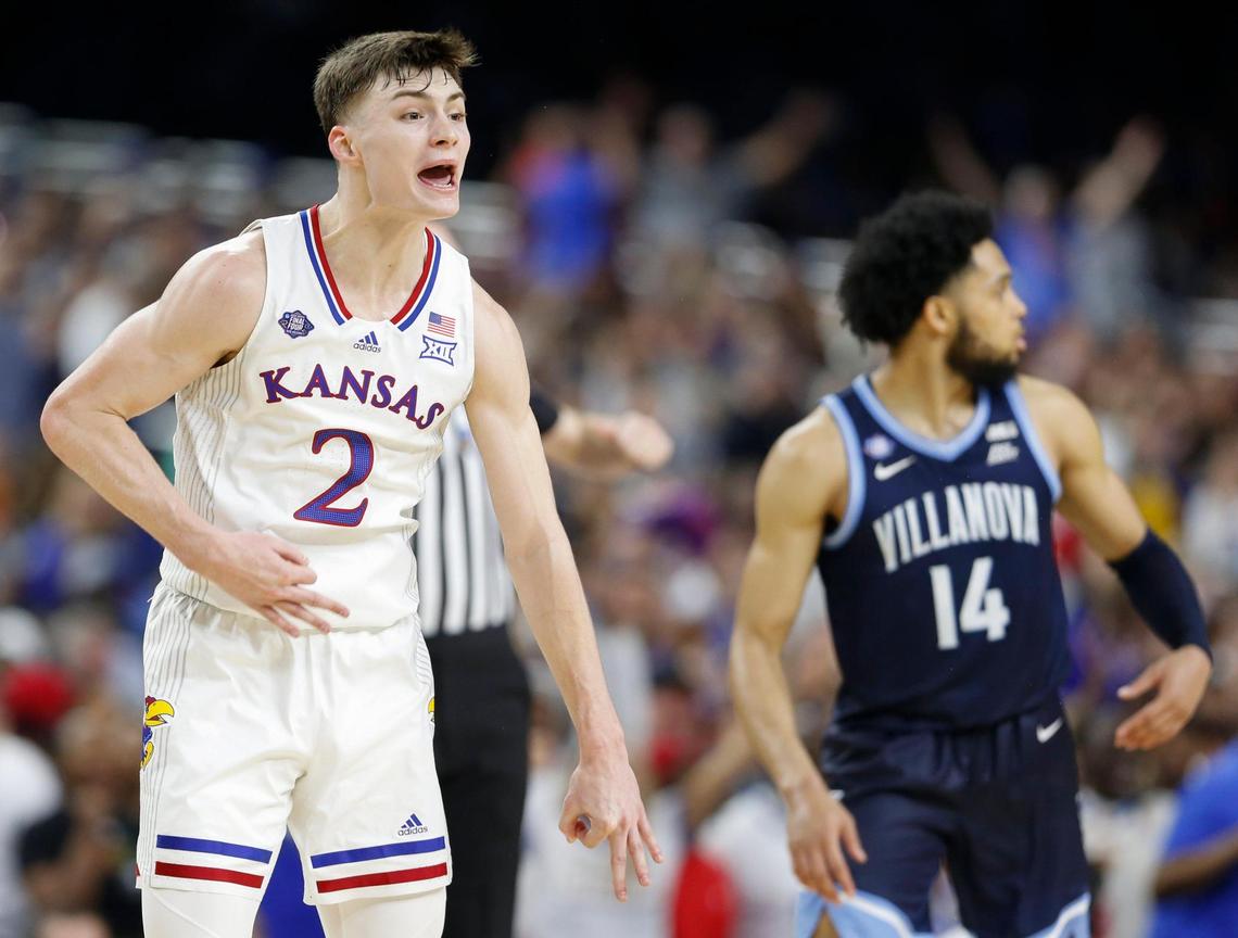 Kansas’ Christian Braun reacts after hitting a three pointer during the second half of their Final Four game against Villanova on Saturday at the Superdome in New Orleans.