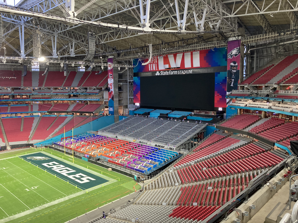 The field at State Farm Stadium in Glendale, Arizona, is set up for Super Bowl LVII on Saturday, Feb. 11, 2023. The Kansas City Chiefs will play the Philadelphia Eagles on Feb. 12.