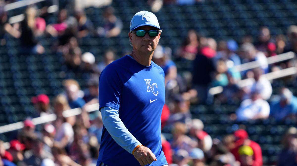 Kansas City Royals manager Matt Quatraro looks on against the Cleveland Guardians during the first inning at Goodyear Ballpark on March 2, 2024.
