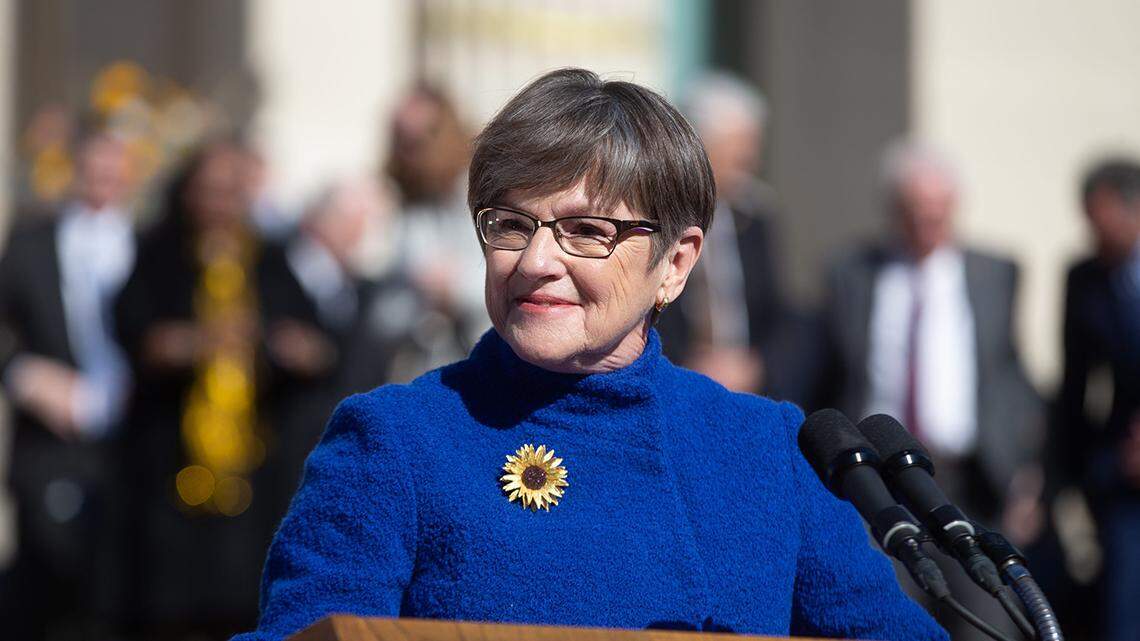 Kansas Gov. Laura Kelly prepares to begin her remarks following her swearing in and a nineteen-gun salute during Monday’s inaugural ceremony.