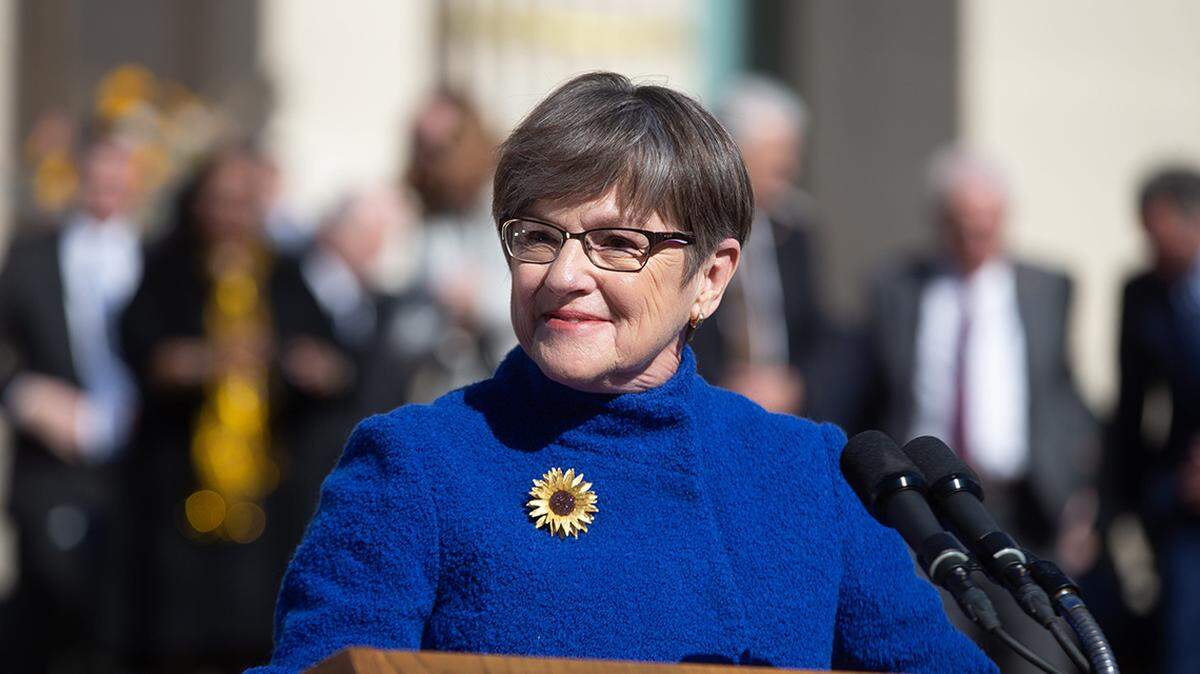 Kansas Gov. Laura Kelly prepares to begin her remarks following her swearing in and a nineteen-gun salute during Monday’s inaugural ceremony.