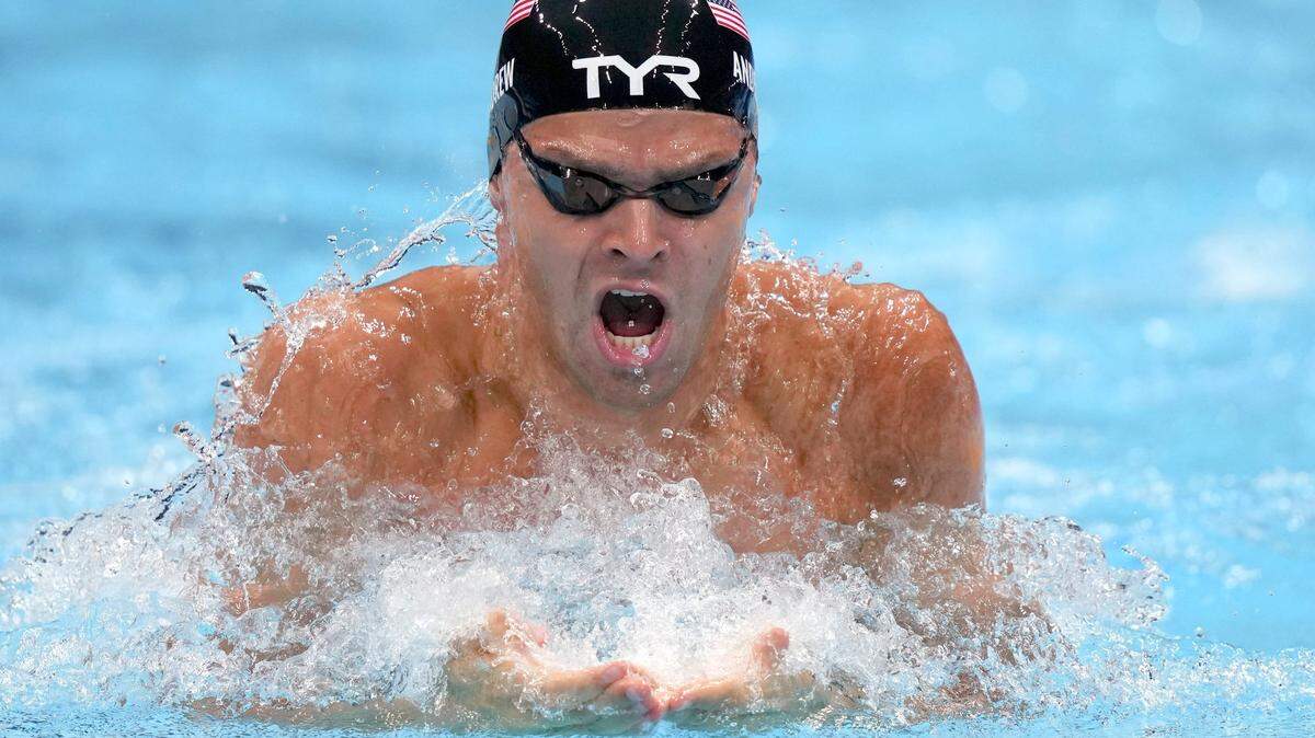 Michael Andrew of Team USA and formerly of Lawrence, Kan., swims during a semifinal in the men’s 100-meter breaststroke at the Summer Olympics on Sunday in Tokyo.