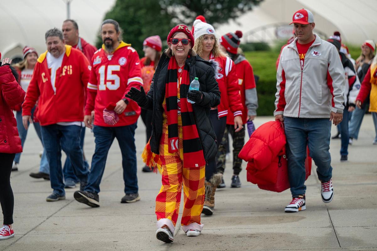 Chiefs fans happily wore their winter team gear for filming in July.