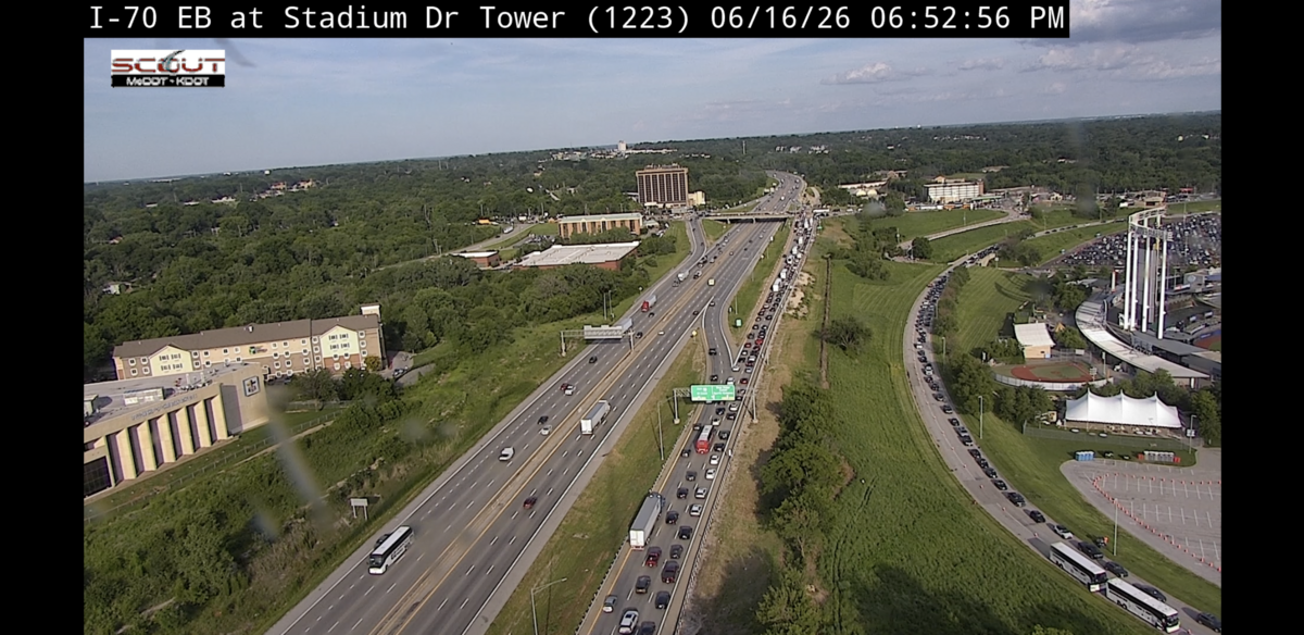 Shortly before 7 p.m., a traffic camera showed a significant traffic backup on I-70 in Kansas City on the way to the stadium hosting World Cup games.