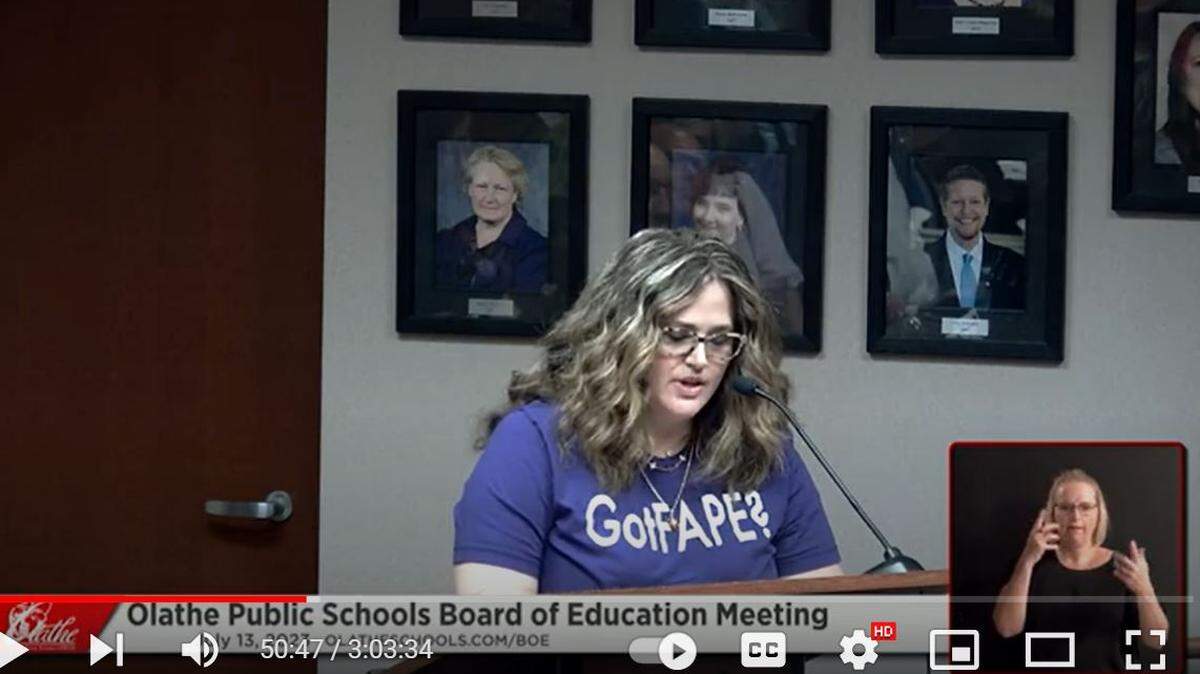 Olathe parent and special education advocate Carrie VanBuskirk speaks at an Olathe school board meeting, advocating for students with autism.