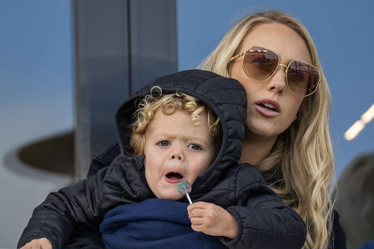 KC Current co-owner Brittany Mahomes holds her son while attending an NWSL playoff game against Gotham FC at CPKC Stadium in Kansas City on Sunday, Nov. 9, 2025.