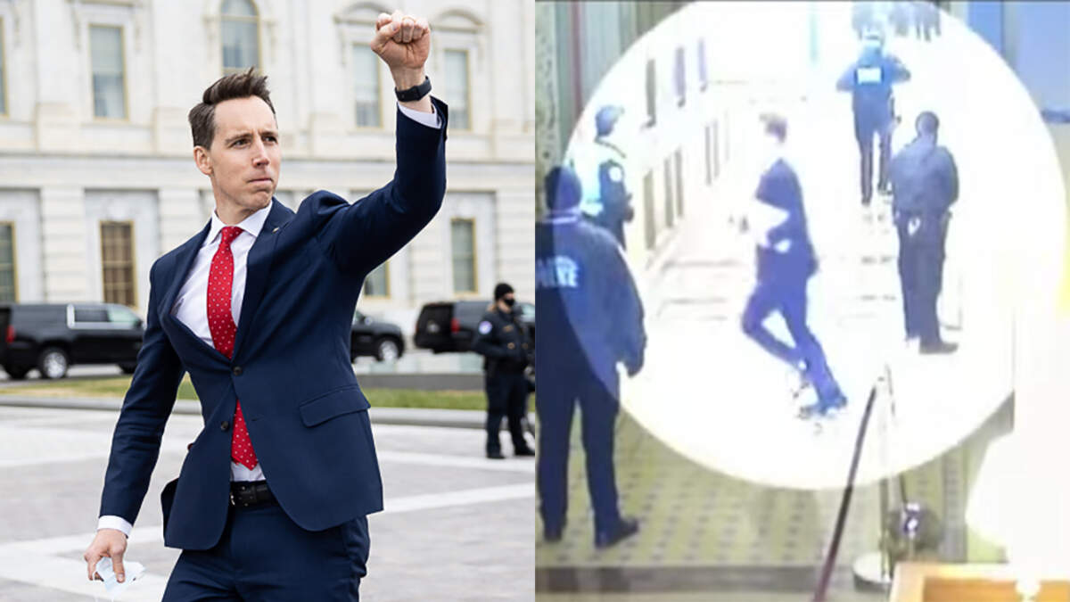 Left. U.S. Sen. Josh Hawley of Missouri raised a fist of support to crowds gathered at the U.S. Capitol to protest certification of President-elect Joe Biden’s win on Wednesday, Jan. 6, 2021. Right, Hawley runs as he's being escorted from the Capitol during the attempted coup later that day, in video shown during the House committee meeting investigating the riot July 21, 2022.