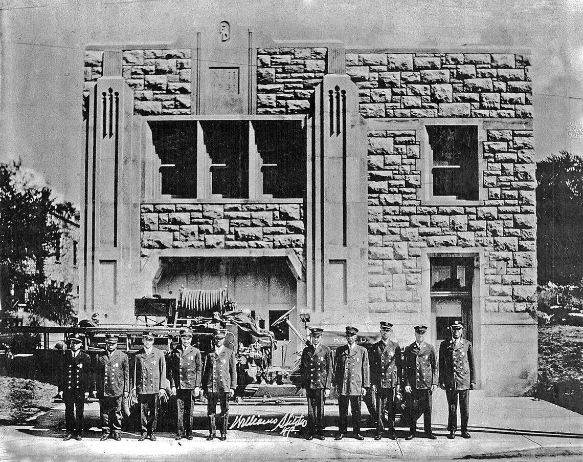 Firefighters lined up in front of Fire Station No. 11 when it was opened at 2033 Vine St. in Kansas City in 1931. Station No. 11 housed the first all-Black fire brigade in the Kansas City Fire Department.