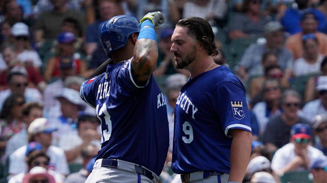 Royals designated hitter Salvador Perez, left, and first baseman Vinnie Pasquantino celebrate a Perez home run (Pasquantino homered twice, too) during KC’s win against the Cubs at Wrigley Field in Chicago on Wednesday, July 23, 2025.