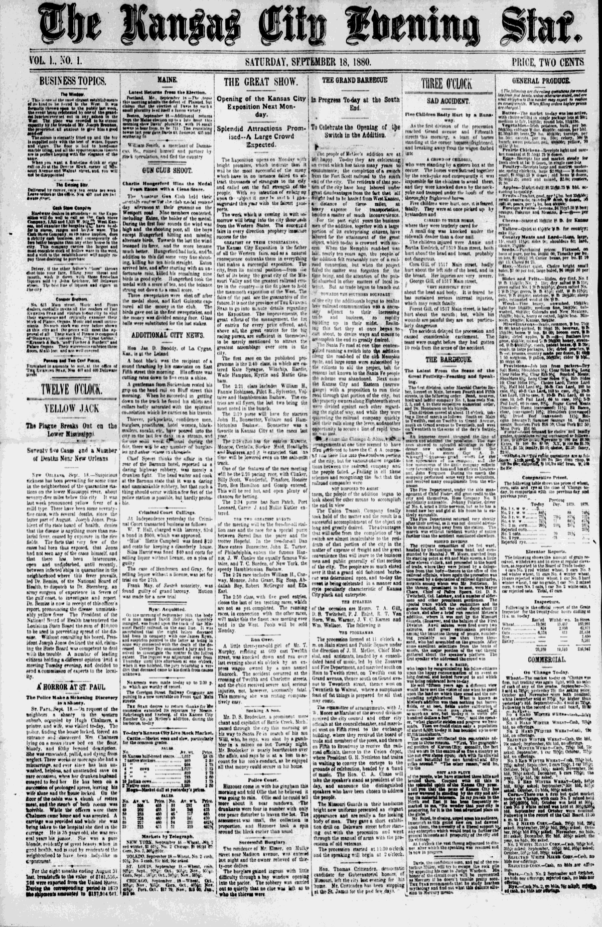 First edition of The Kansas City Evening Star, Sept. 18, 1880.