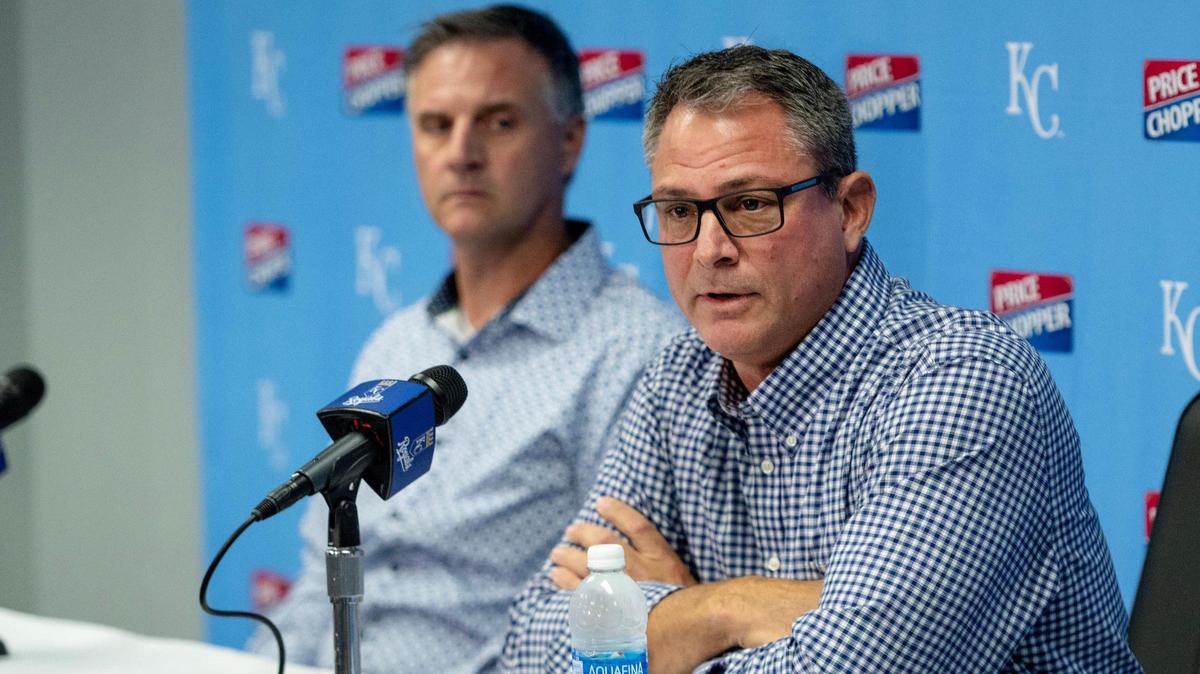 Kansas City Royals general manager J. J. Picollo speaks alongside manager Matt Quatraro during a press conference at Kauffman Stadium on Tuesday, Oct. 3, 2023, in Kansas City.