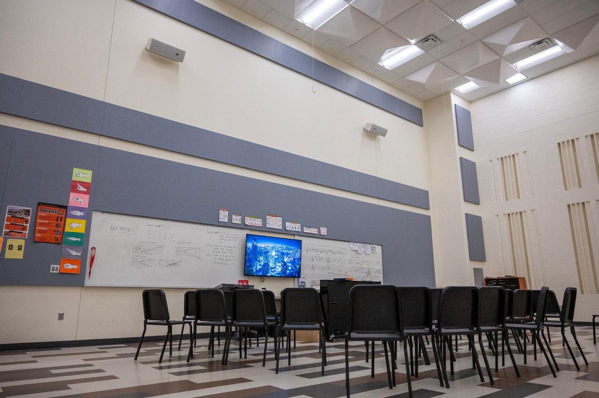 Tall ceilings adorn the music hall at Gloria Willis Middle School on Tuesday, April 16, 2024, in Kansas City, Kansas.