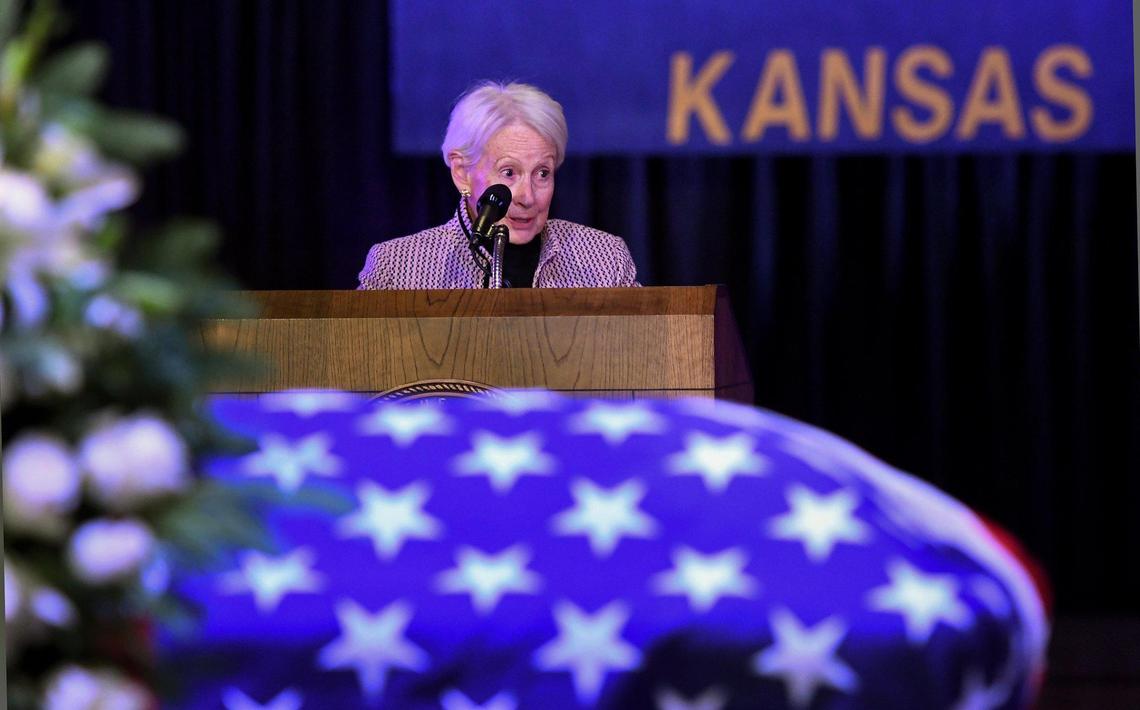 Former Sen. Nancy Kassebaum Baker remembers the late Sen. Bob Dole at a memorial service in Topeka Saturday, Dec. 11, 2021. Hundreds paid their respects to Sen. Bob Dole as he lay in repose at the Kansas State Capitol building. Dole battled lung cancer and died in his sleep on Dec. 5 at 98.
