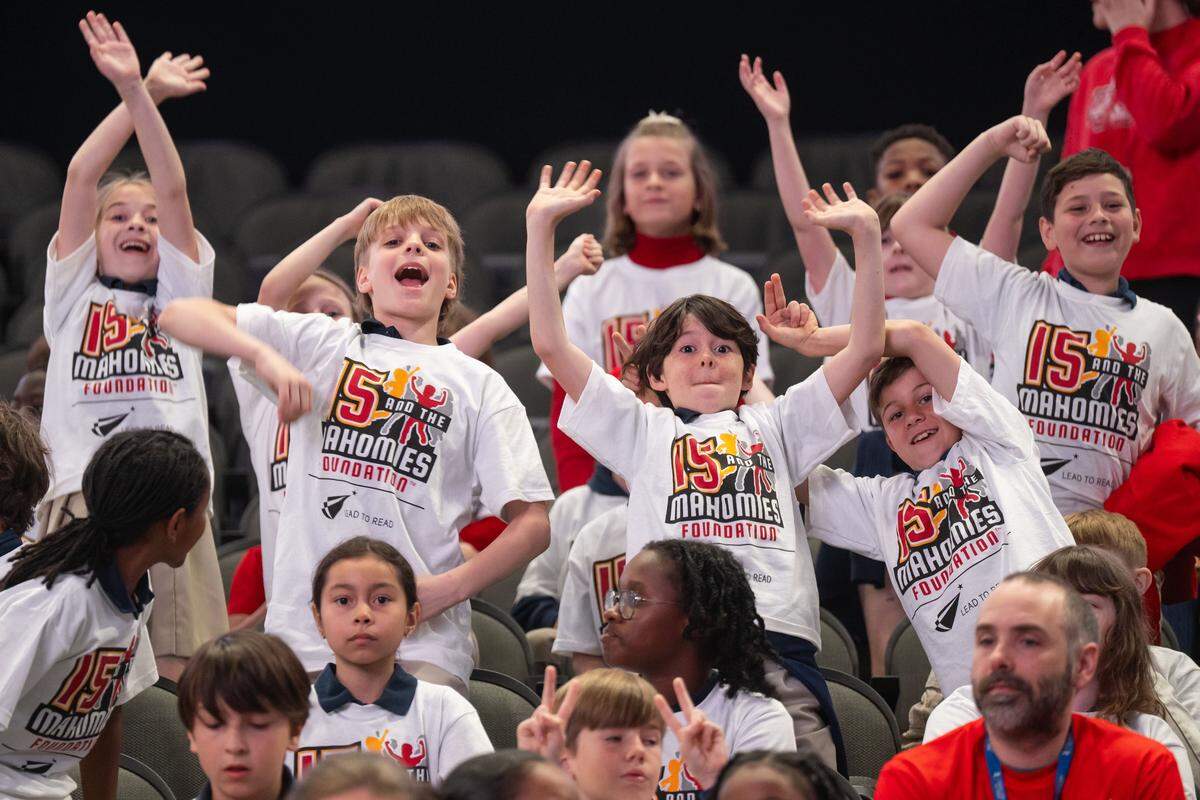 Kids from schools around the Kansas City metro area get rowdy before Kansas City Chiefs quarterback Patrick Mahomes reads to them at the Lead to Read KC Reading Rally, on Thursday, April 2, 2026, at T-Mobile Center.