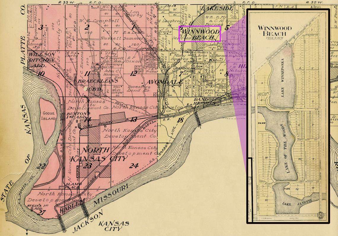 Map showing the location of Winnwood Beach and its connection to downtown via interurban train across the ASB Bridge. In this 1914 illustration, Winn’s first lake is labeled Lake Winnetonka. It would later be known as Winnwood Lake. 