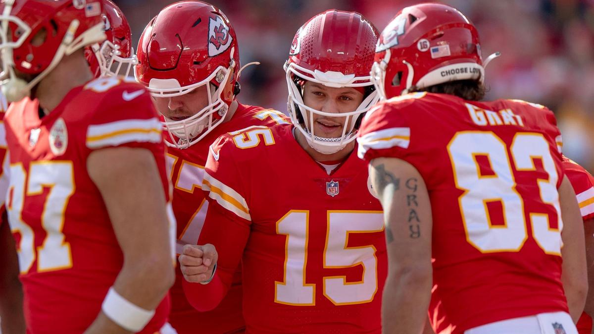 Kansas City Chiefs quarterback Patrick Mahomes (15) calls a play in the team huddle during an NFL football game against the Denver Broncos at GEHA Field at Arrowhead Stadium on Sunday, Jan. 1, 2023, in Kansas City.