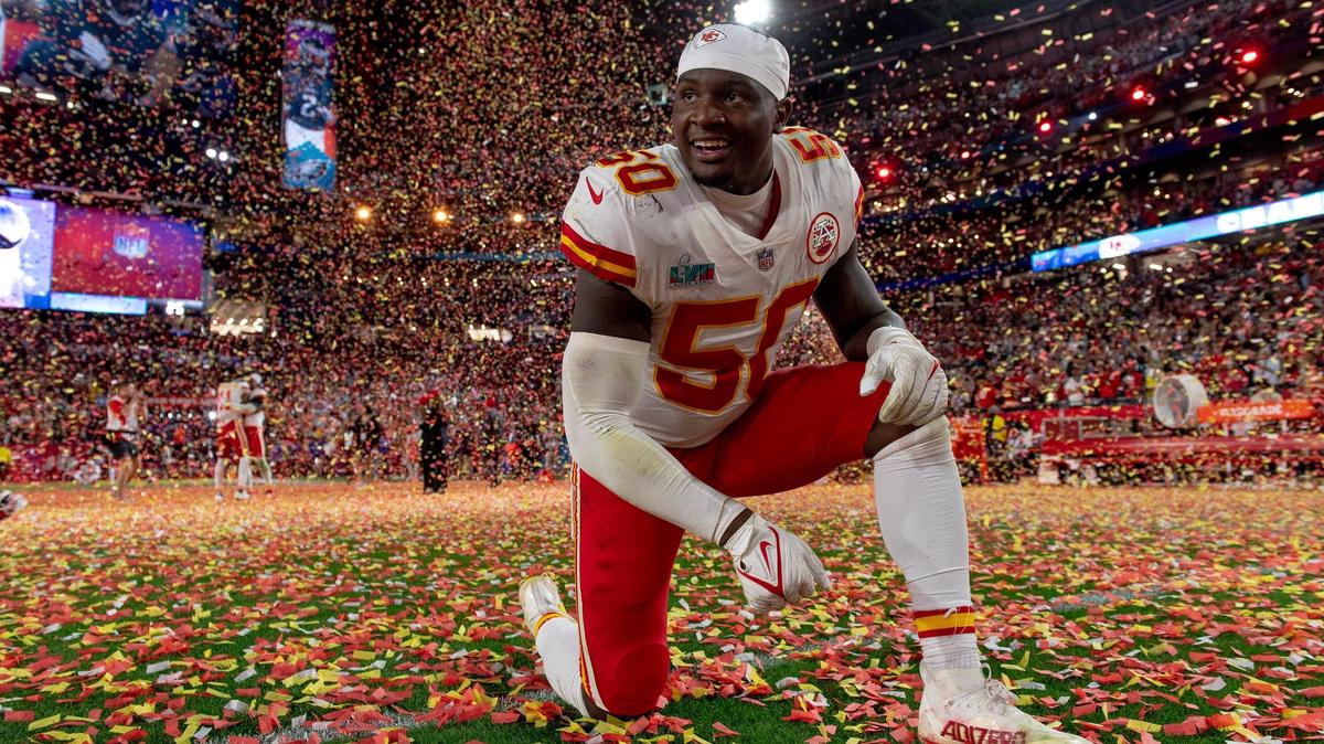 Kansas City Chiefs linebacker Willie Gay (50) celebrates after defeating the Philadelphia Eagles 38-35 in the Super Bowl LVII football game on Sunday, Feb. 12, 2023, in Glendale, Ariz.