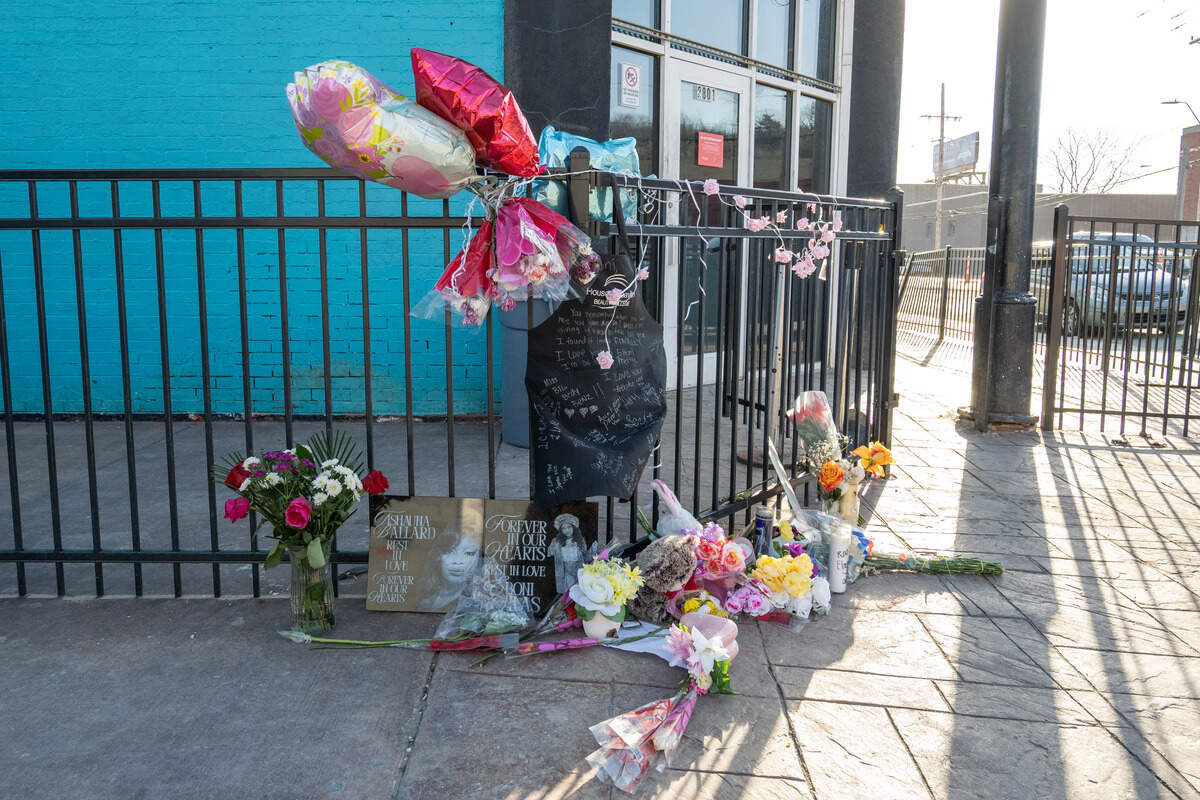 A memorial for two shooting victims, Eboni Silas and Tishauna Ballard, outside the door of Status nightclub on Thursday, February 19, 2026.