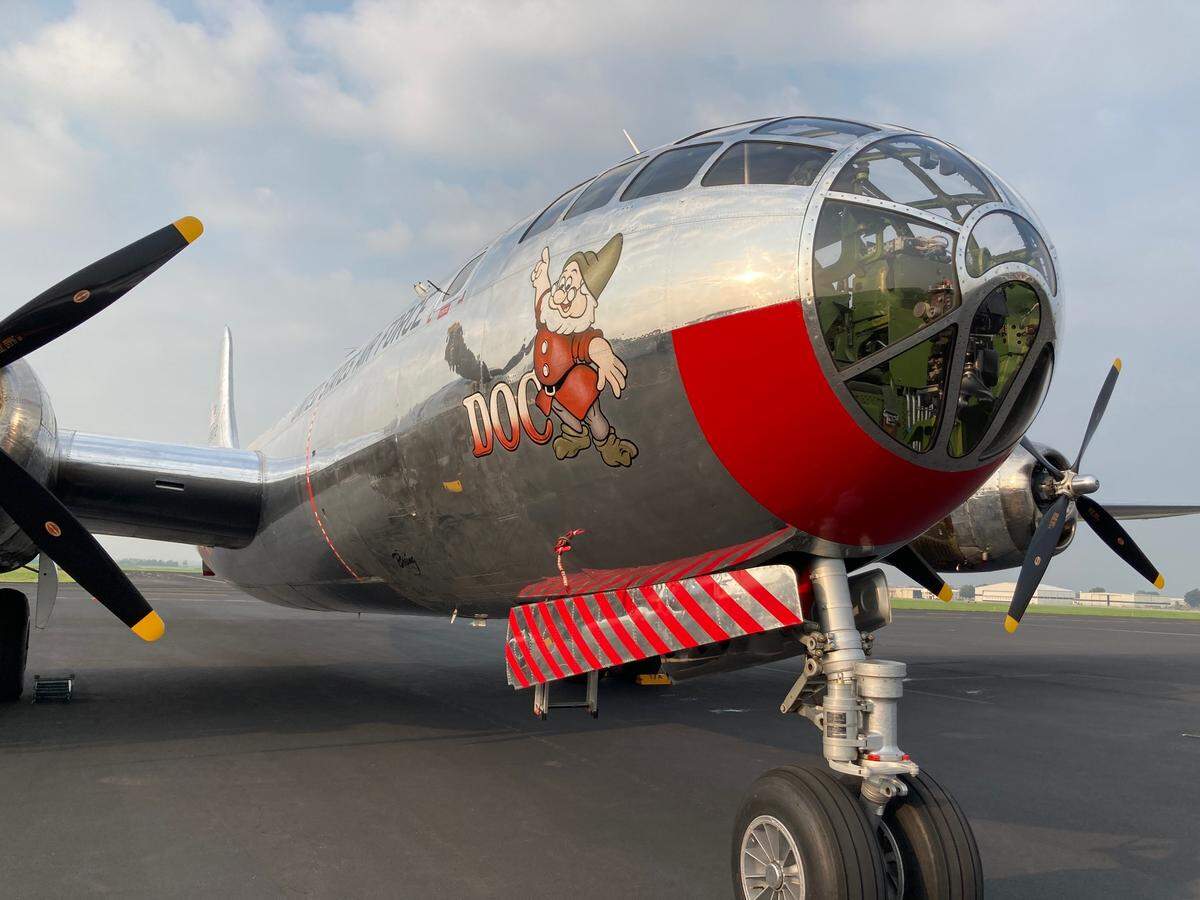 A B-29 Superfortress, dubbed “Doc,” of the type that dropped the atomic bombs on Hiroshima and Nagasaki is available for rides Friday, Saturday and Sunday at the Commemorative Air Force hanger, 6 Aero Plaza, at the New Century AirCenter in Johnson County.