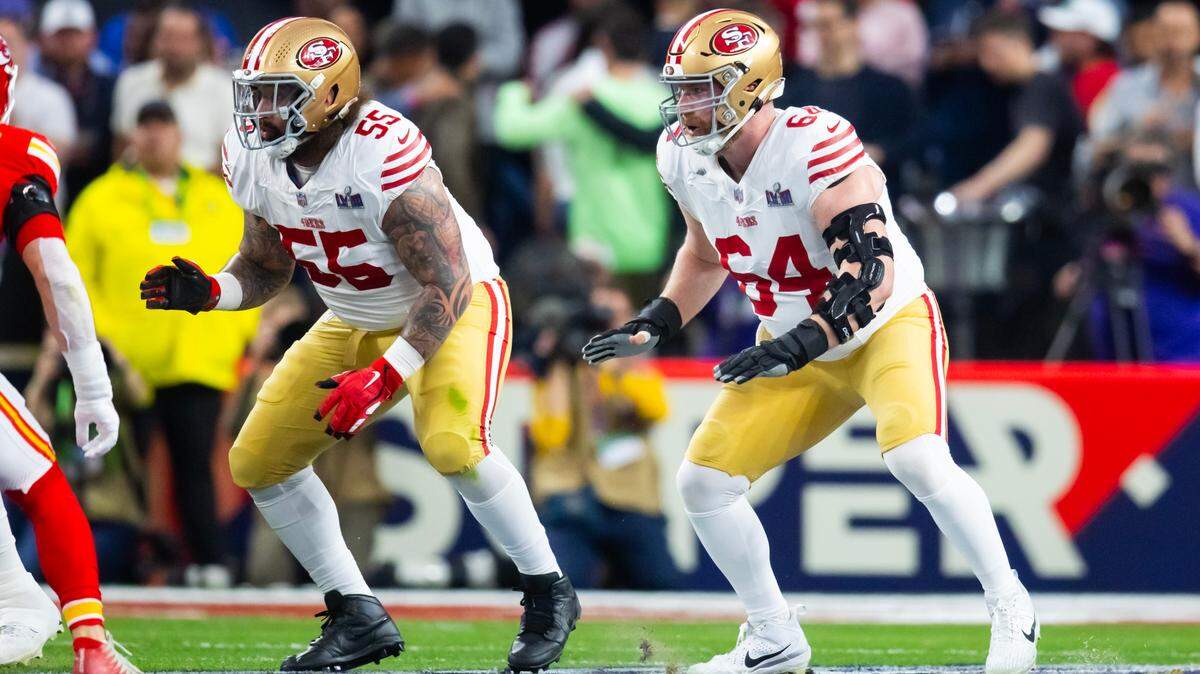 San Francisco 49ers guard Jon Feliciano (55) and center Jake Brendel (64) against the Kansas City Chiefs in Super Bowl LVIII at Allegiant Stadium.